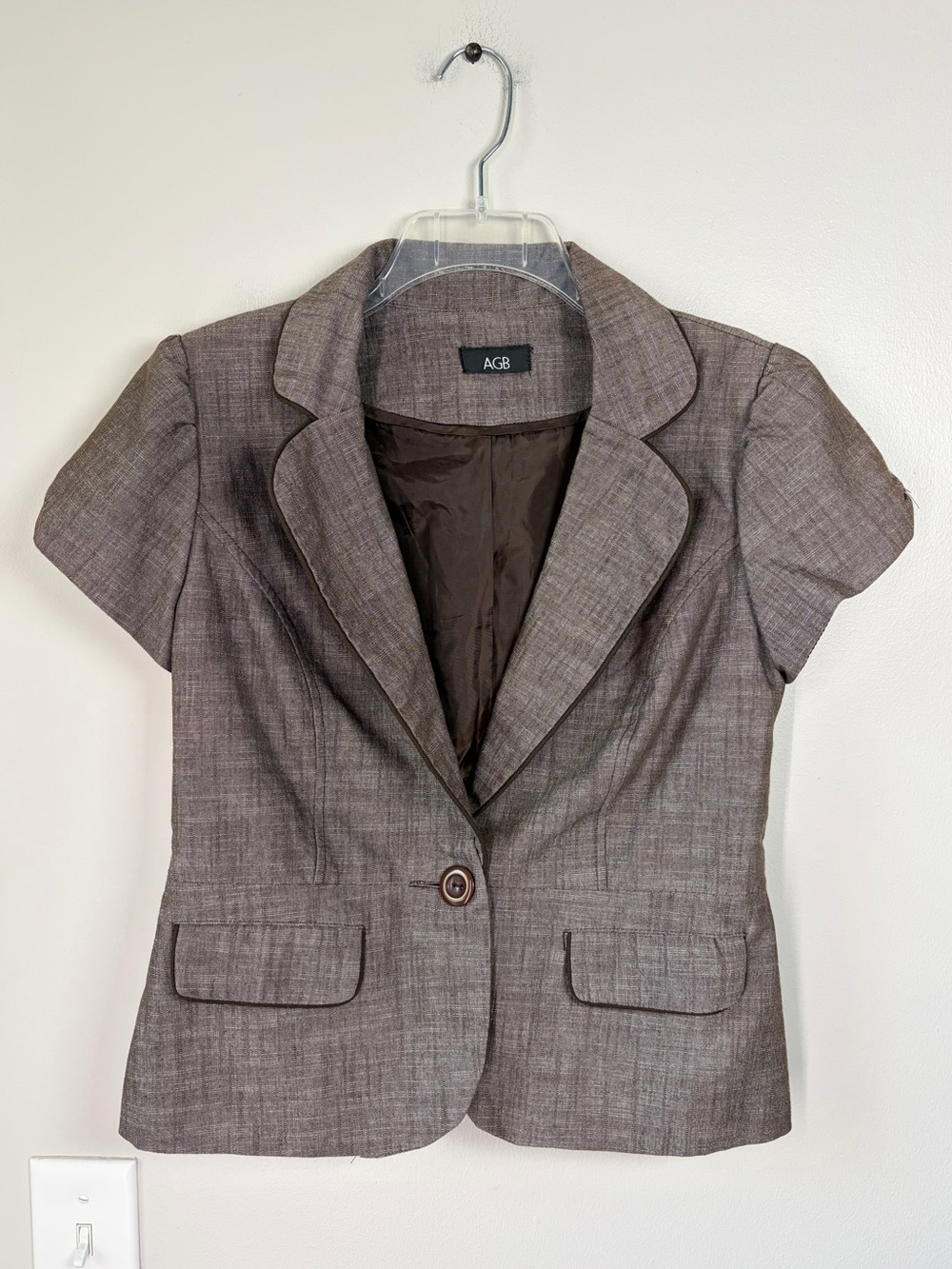 AGB Y2K Brown Single Button Short Puff Sleeve Blazer Top Office Chic 2000s